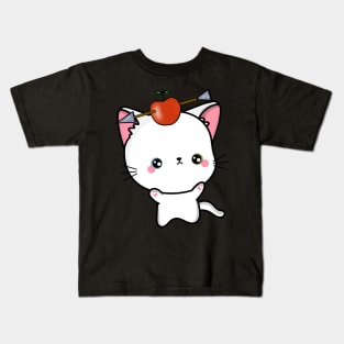 Funny Angora cat is playing william tell with an apple and arrow Kids T-Shirt